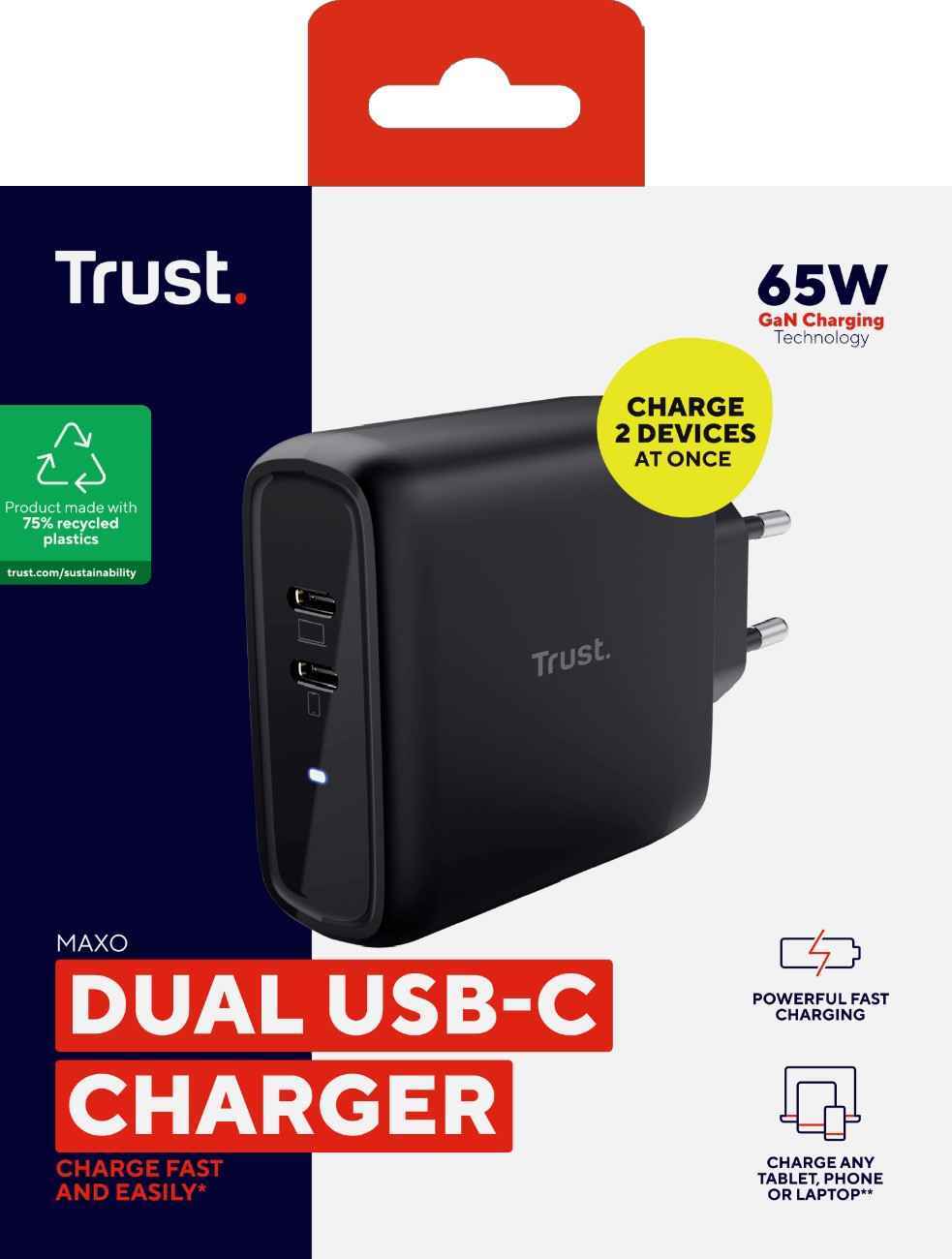 Trust Chargeur universel MAXO 65W - 2 ports USB-C (25380) - Achat / Vente Chargeur sur Cybertek.fr - 3