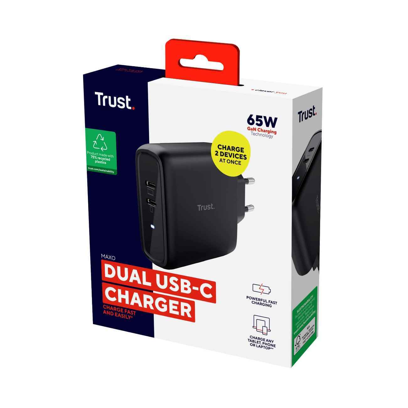 Trust Chargeur universel MAXO 65W - 2 ports USB-C (25380) - Achat / Vente Chargeur sur Cybertek.fr - 1