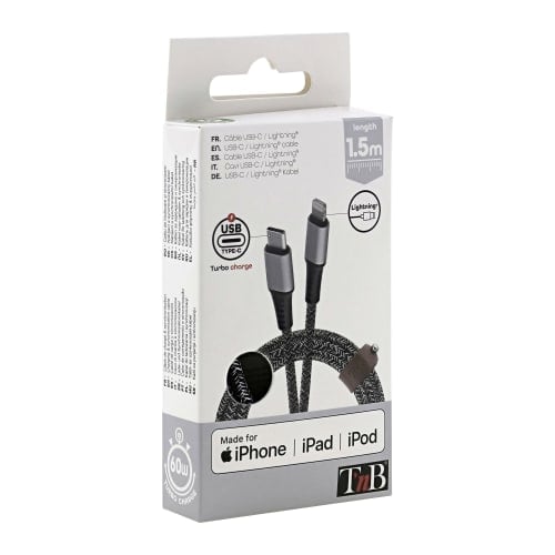 Câble USB-C/Lightning - 1,5m - nylon RPET - Noir - Connectique PC - 4