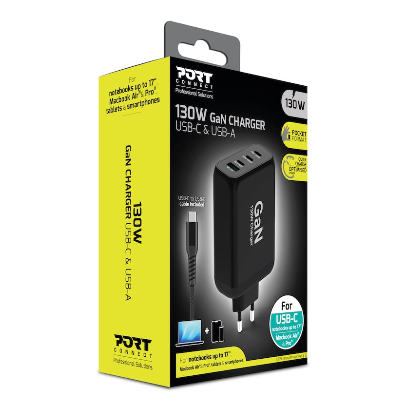 Port Chargeur mural GaN 130W 4 ports + Câble USB-C - 2m (902107EU) - Achat / Vente Chargeur sur Cybertek.fr - 1
