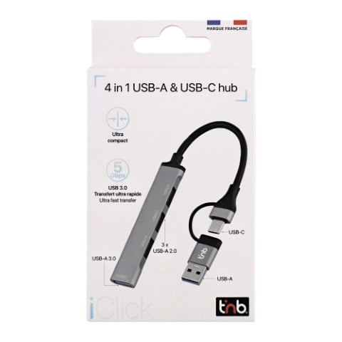 T'nB iClick Hub USB-A/USB-C/4 ports/Gris - Hub T'nB - Cybertek.fr - 2