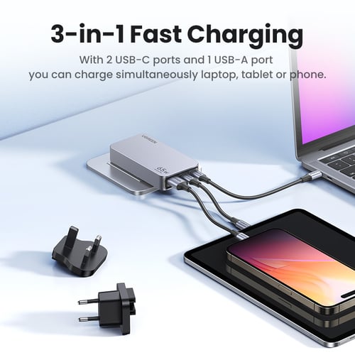 UGREEN Chargeur secteur 3 ports - 65W - Gris (25356) - Achat / Vente Chargeur sur Cybertek.fr - 1