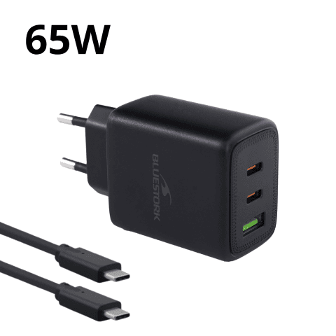 Chargeur Bluestork Chargeur 65W PD - 3 ports + Câble USB-C 2m - Noir Cybertek