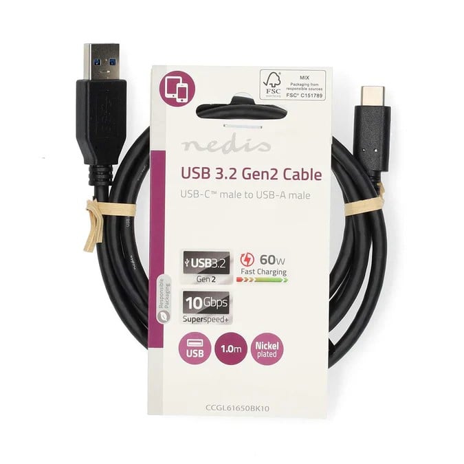 Câble USB-A vers USB-C mâle/mâle - 60W - 1m - Noir - Connectique PC - 0