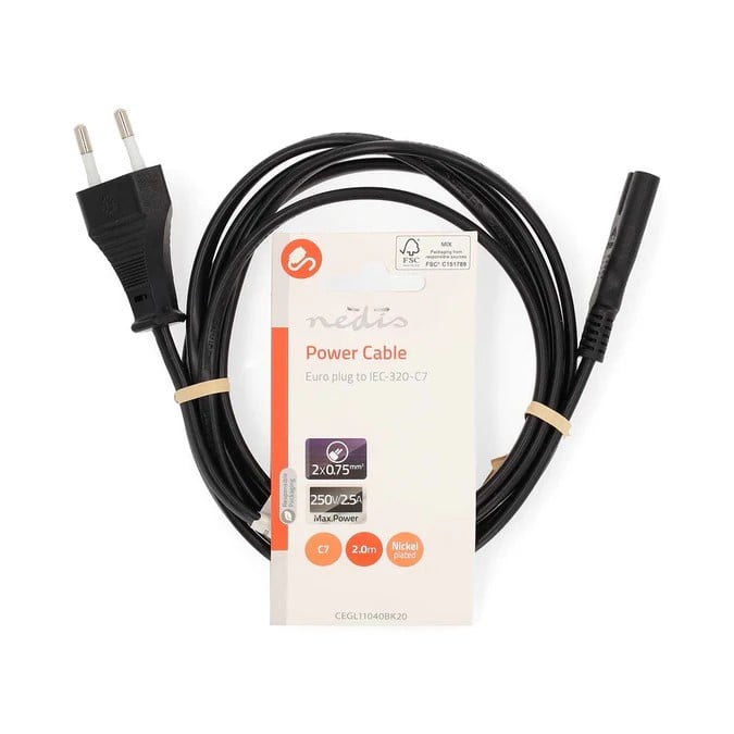 Câble Euro Masculin vers IEC-320-C7 - 2m - Noir - Connectique PC - 0