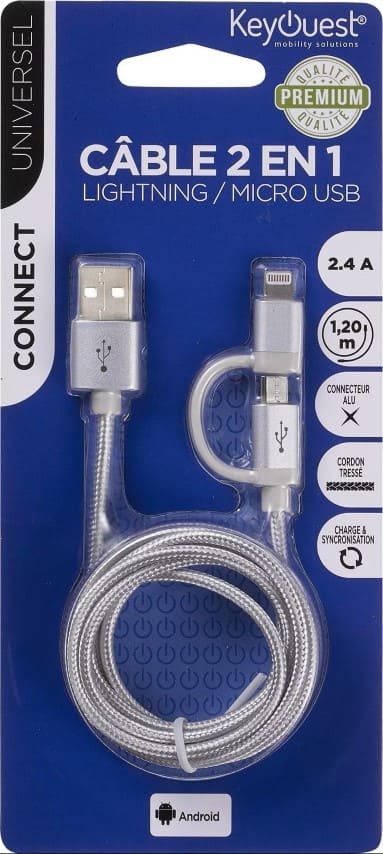 Câble USB/Lightning/Micro USB-B - 1.2m - Gris - Connectique PC - 1