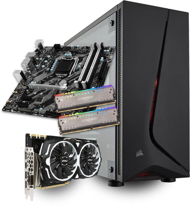 Assemblage PC avec composants visible : carte mère, barrette de RAM et carte graphique